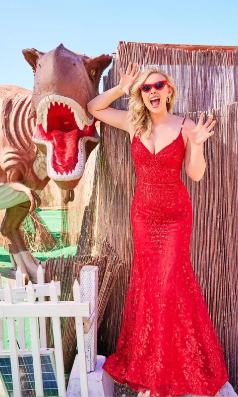 Sequin-Lace Open-Back Long Mermaid Prom Dress sold by PromGirl