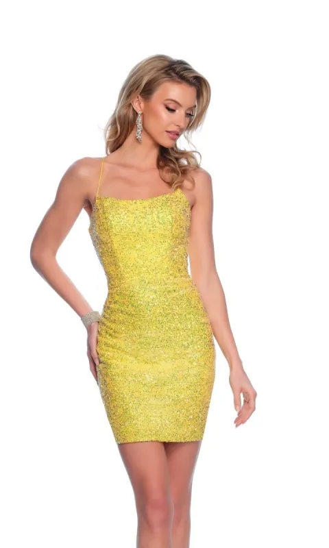 Dave and Johnny Short Yellow Hoco Dress 11758 sold by PromGirl