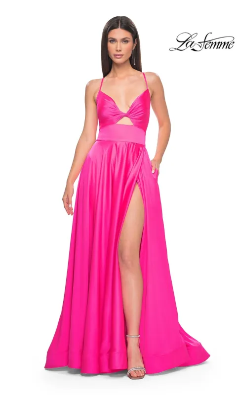 La Femme Twist-Front Long A-Line Prom Dress 31412 sold by PromGirl