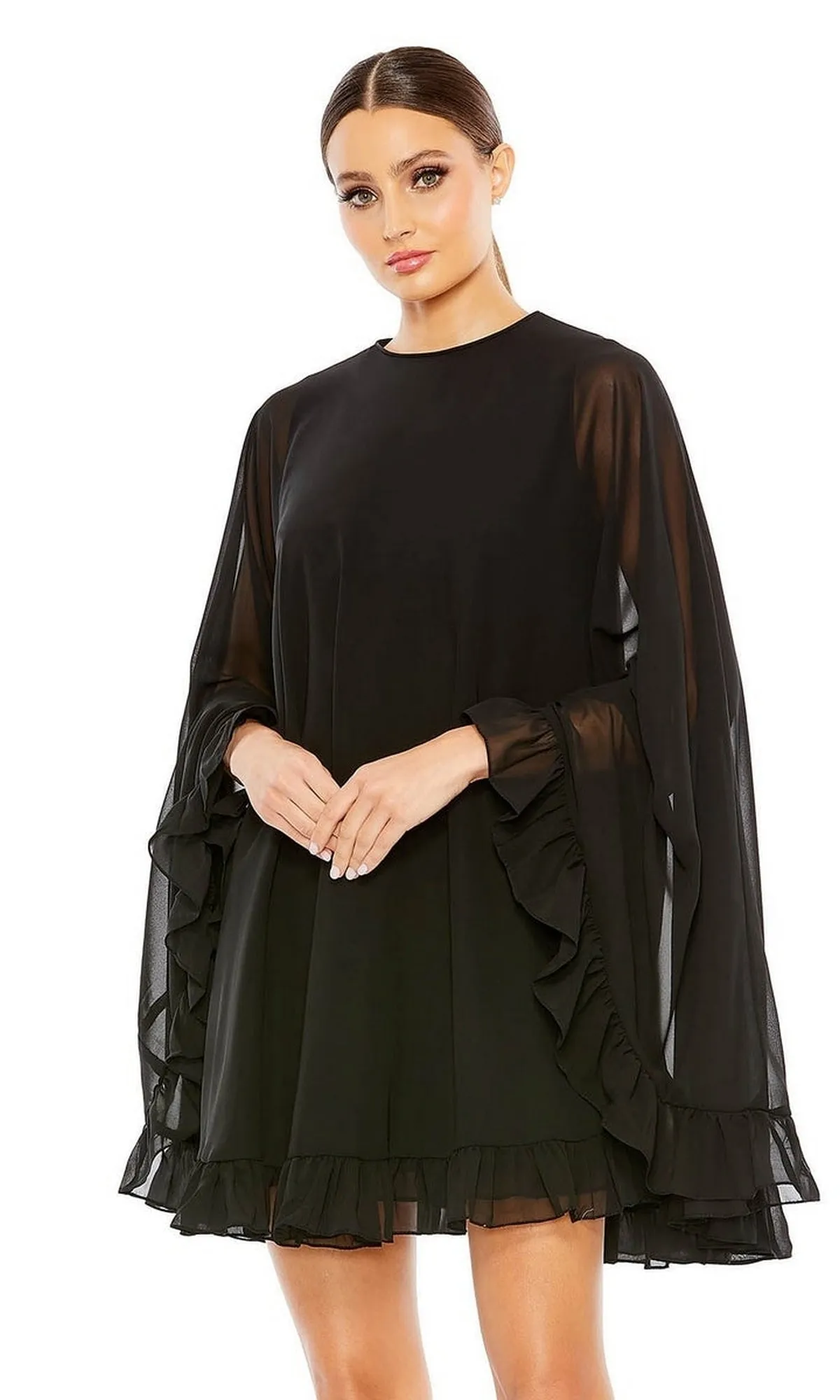 Cape-Sleeve Short Ruffled Party Dress: Mac Duggal 55407 sold by PromGirl product image thumbnail 3