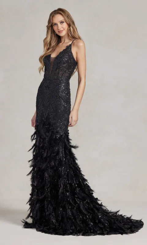 Sequin Prom Dress with Feathers and 3-D Flowers sold by PromGirl