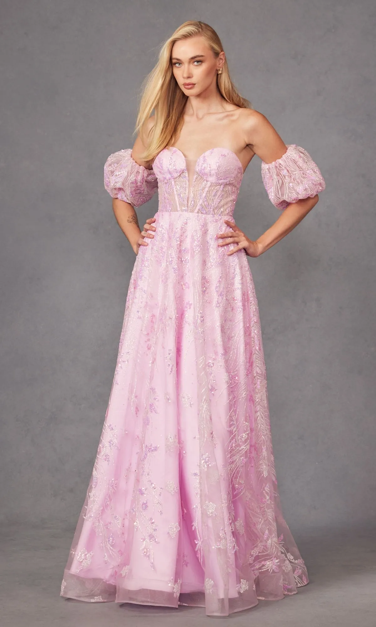 Puff-Sleeve Strapless Long Glitter Prom Dress 2404 sold by PromGirl product image thumbnail 5