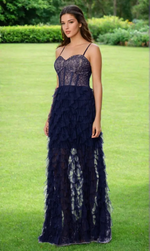Long Navy Blue Ruffle Prom Dress with Lace Bodice sold by PromGirl