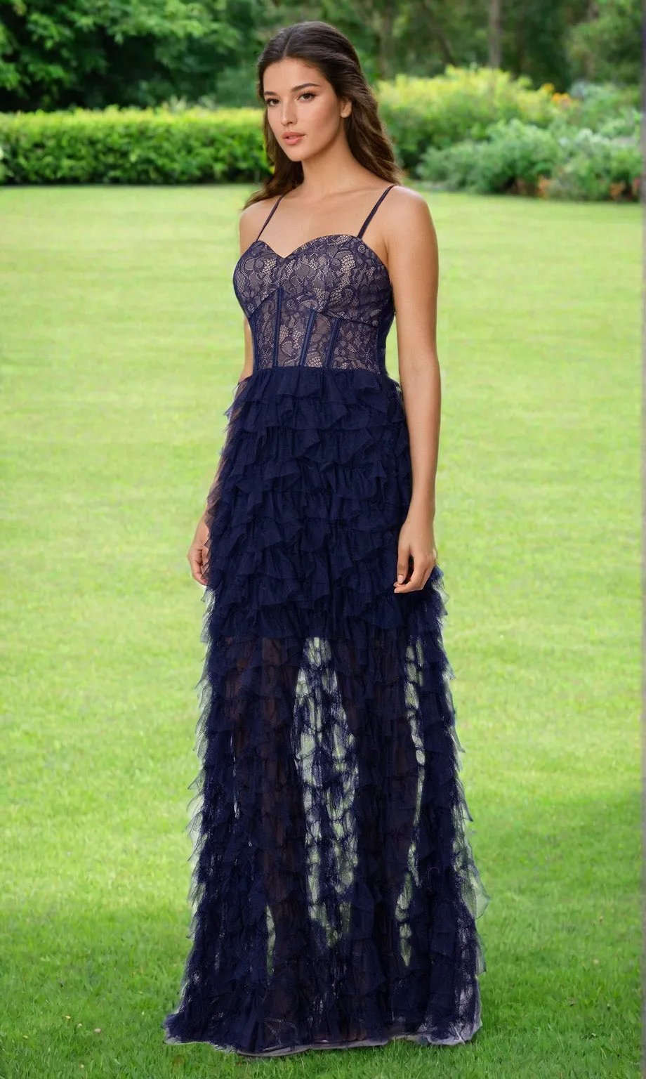 Long Navy Blue Ruffle Prom Dress with Lace Bodice sold by PromGirl