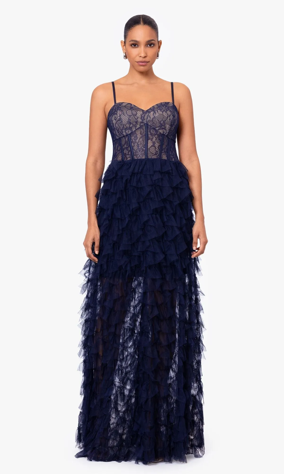 Long Navy Blue Ruffle Prom Dress with Lace Bodice sold by PromGirl product image thumbnail 4