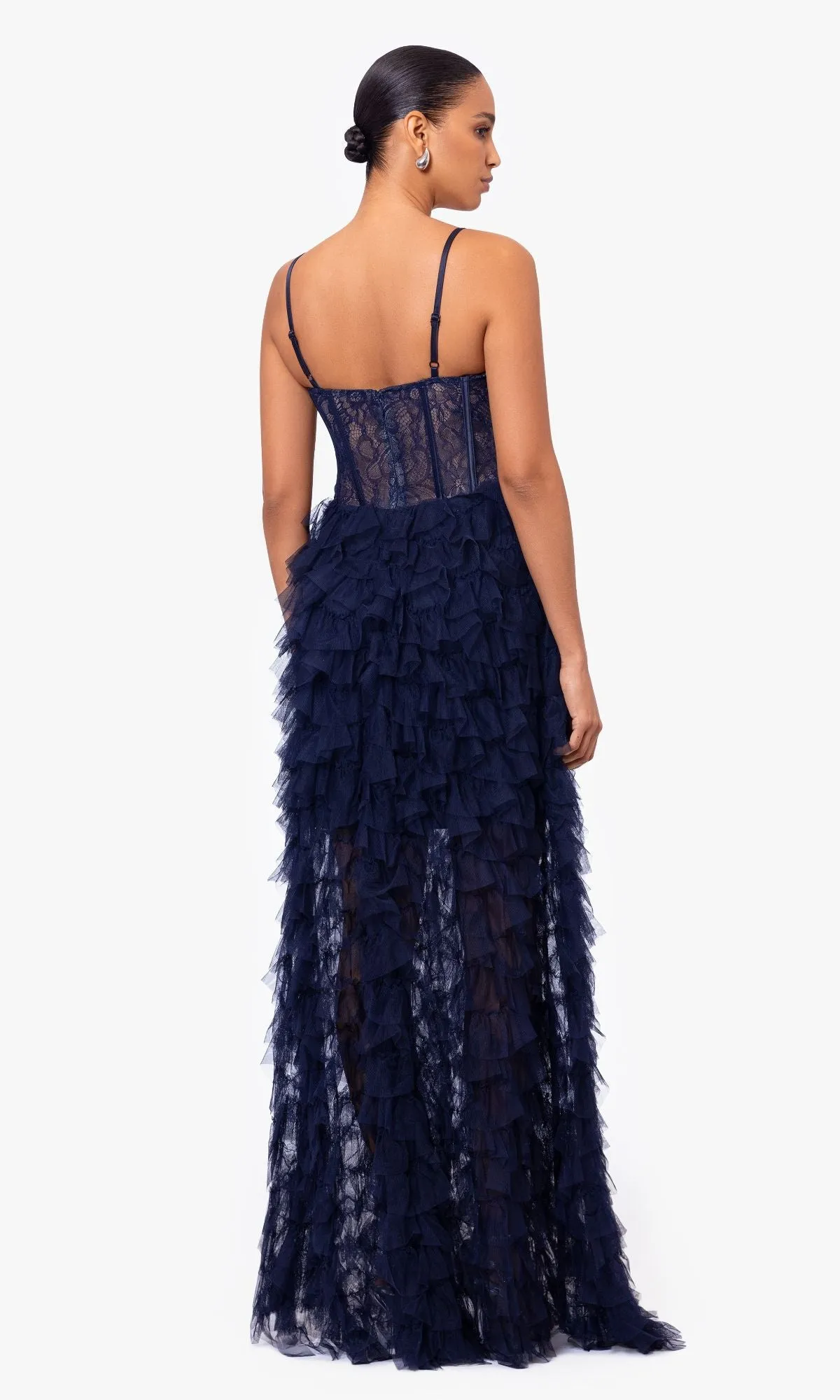 Long Navy Blue Ruffle Prom Dress with Lace Bodice sold by PromGirl product image thumbnail 2