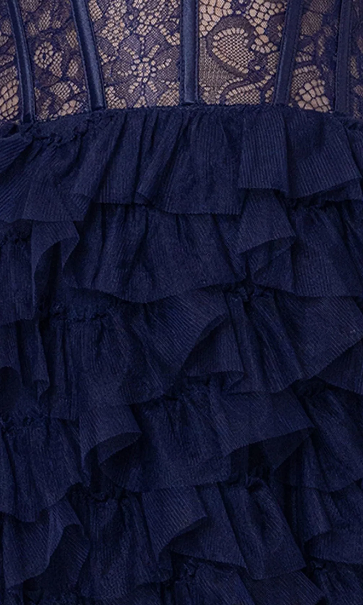 Long Navy Blue Ruffle Prom Dress with Lace Bodice sold by PromGirl product image thumbnail 3