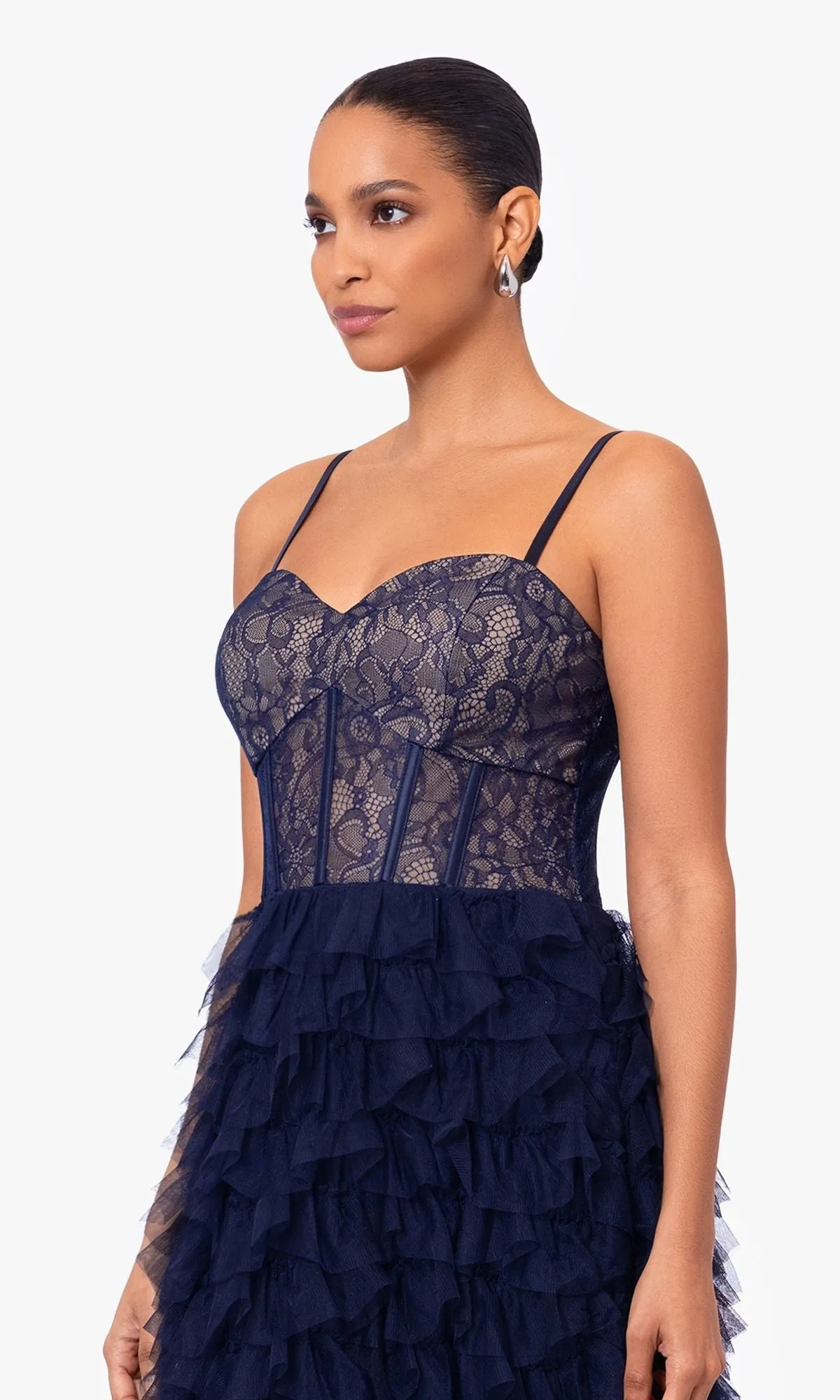 Long Navy Blue Ruffle Prom Dress with Lace Bodice sold by PromGirl product image thumbnail 5