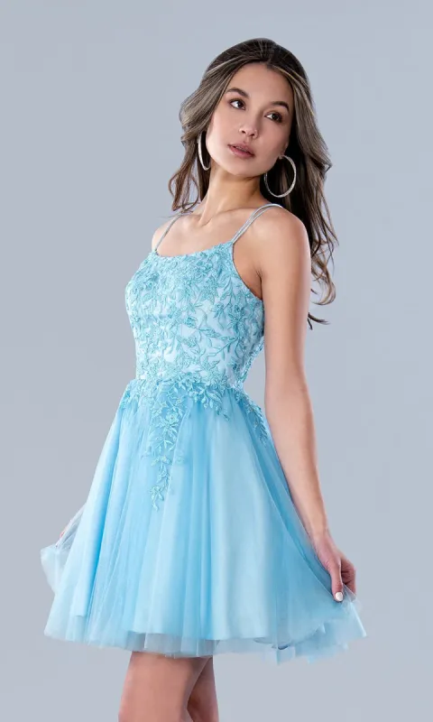 Corset-Back Short Blue A-Line Homecoming Dress sold by PromGirl