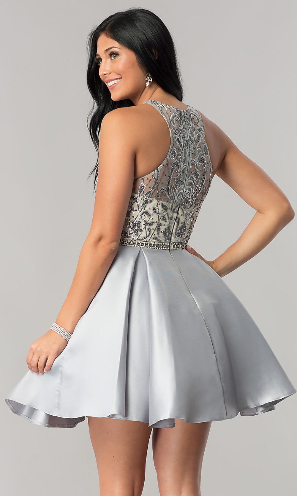 Beaded Sheer-Bodice A-Line Short Homecoming Dress sold by PromGirl product image thumbnail 4