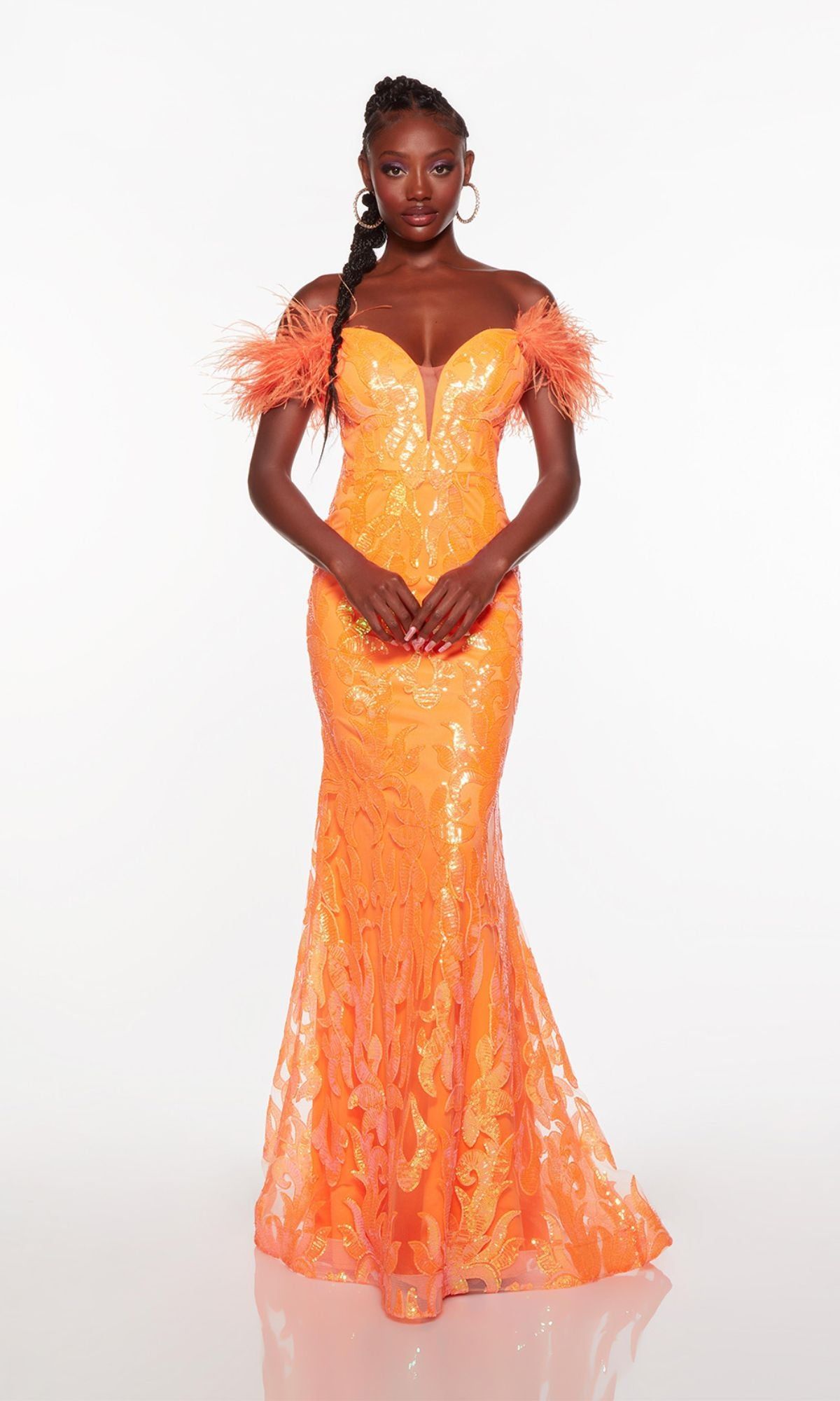 Feathered Off-the-Shoulder Long Sequin Prom Dress sold by PromGirl