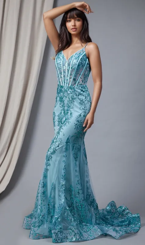 Sheer-Corset Long Glitter-Print Prom Dress BZ015 sold by PromGirl