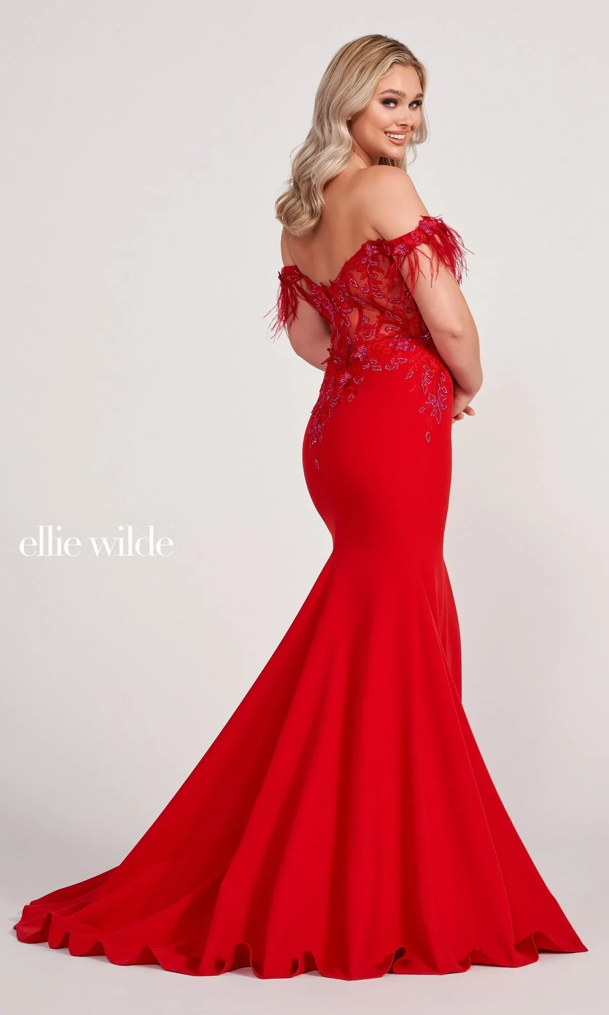 Ellie Wilde Feathered Off-Shoulder Long Prom Dress sold by PromGirl product image thumbnail 2