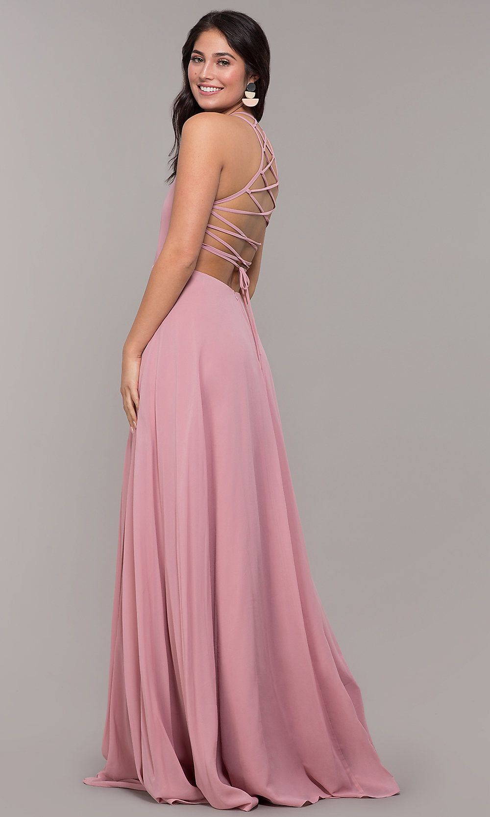 Long Chiffon Lace-Up-Back Prom Dress by Simply sold by PromGirl