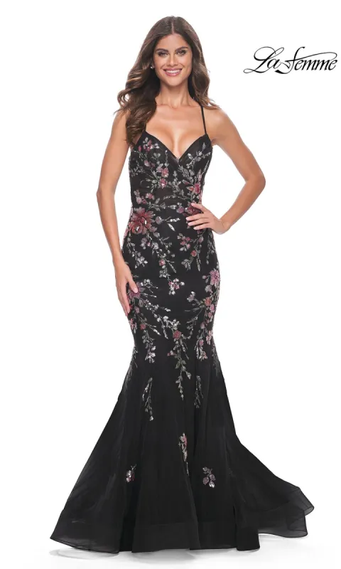 La Femme Floral-Lace Long Black Prom Dress 32246 sold by PromGirl