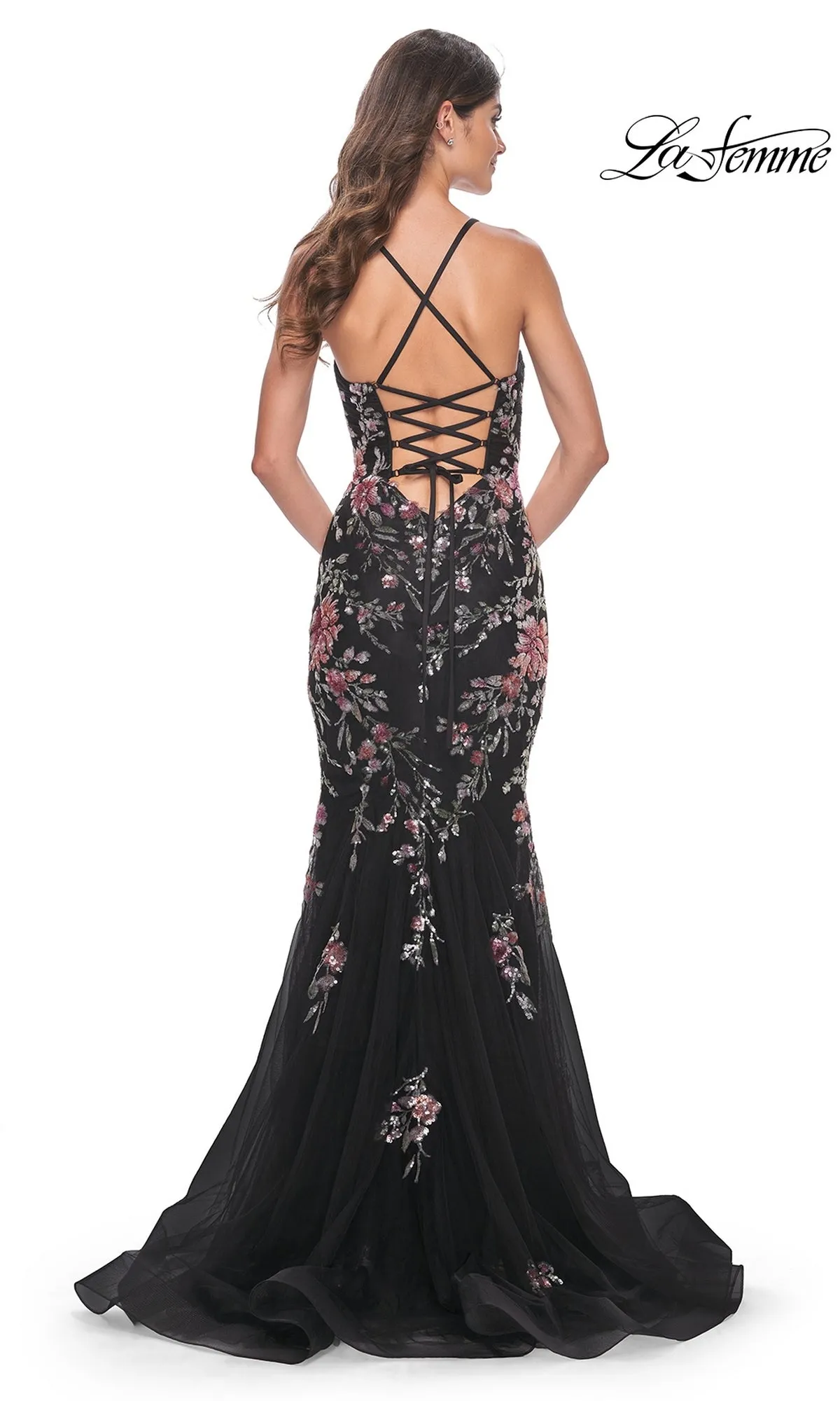 La Femme Floral-Lace Long Black Prom Dress 32246 sold by PromGirl product image thumbnail 2