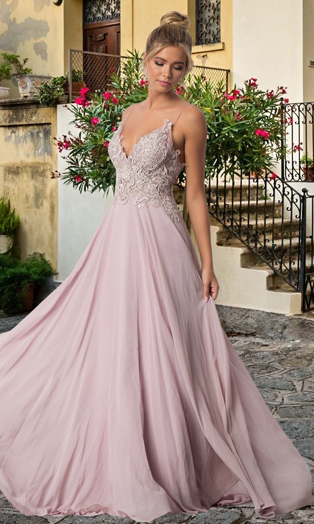 Long V-Neck Open-Back Chiffon Prom Dress by PromGirl sold by PromGirl
