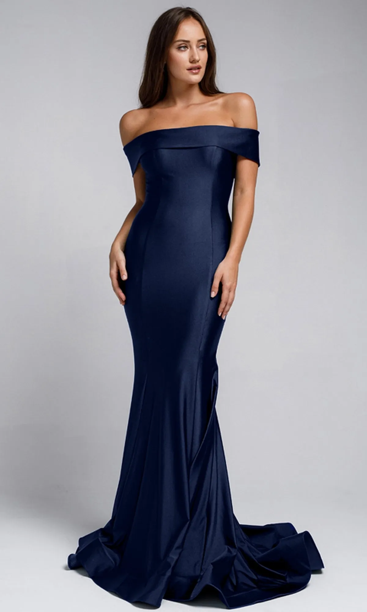 Sleek Simple Off-the-Shoulder Long Prom Dress 373 sold by PromGirl