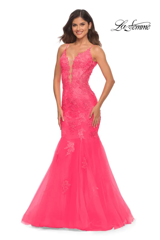La Femme Neon Pink Long Mermaid Prom Dress sold by PromGirl