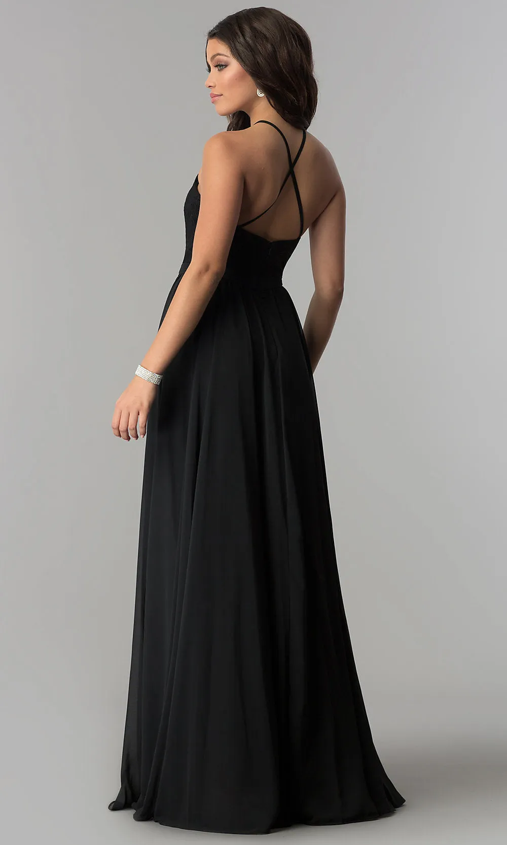 High-Neck Lace-Bodice Long Chiffon Prom Dress sold by PromGirl product image thumbnail 2