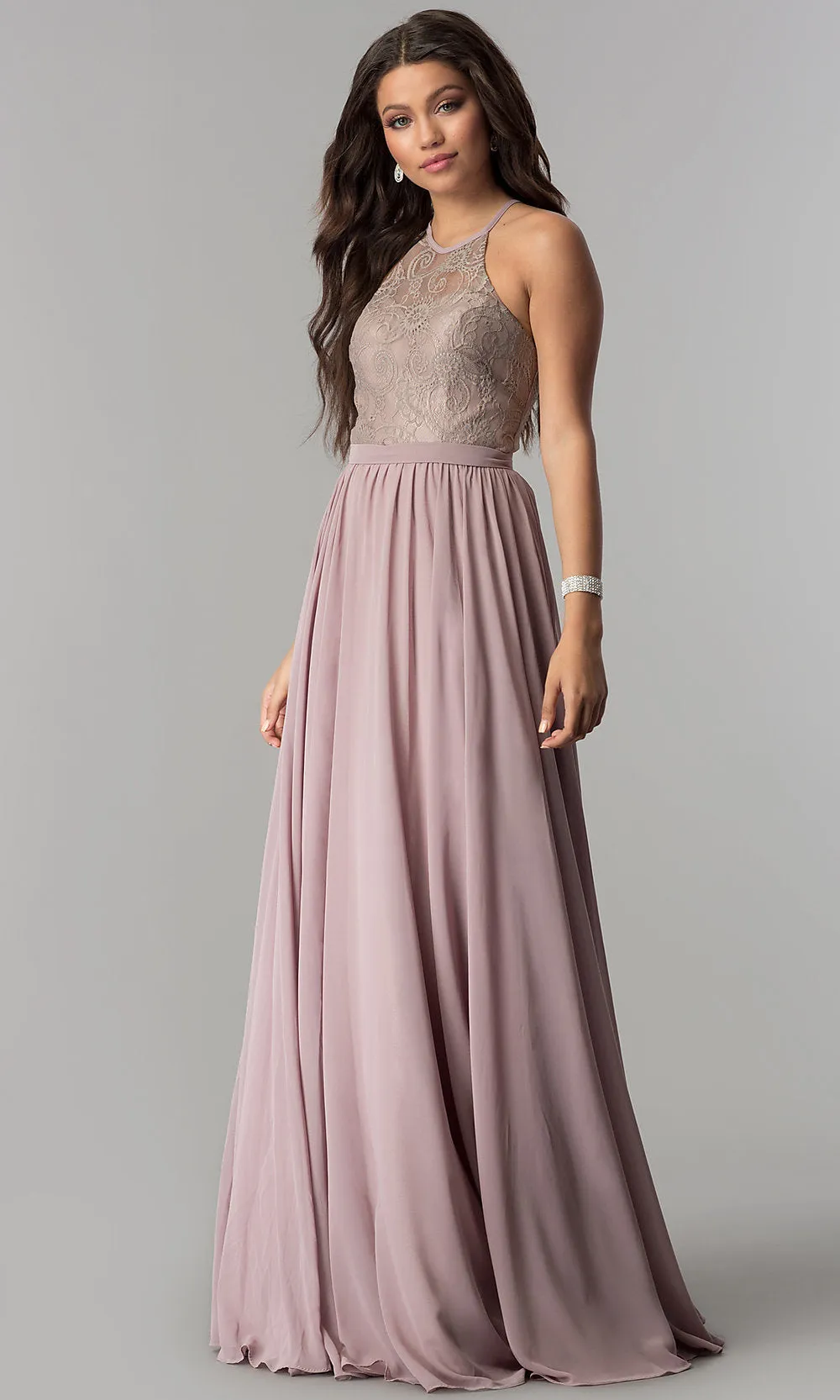 High-Neck Lace-Bodice Long Chiffon Prom Dress sold by PromGirl product image thumbnail 4