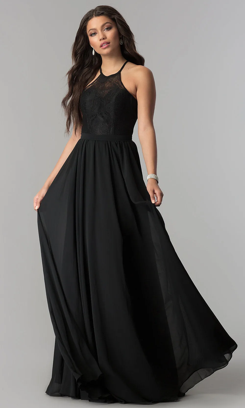 High-Neck Lace-Bodice Long Chiffon Prom Dress sold by PromGirl
