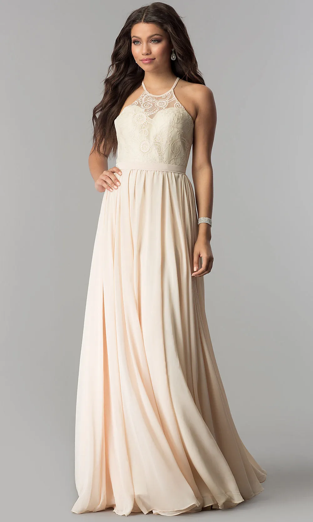 High-Neck Lace-Bodice Long Chiffon Prom Dress sold by PromGirl product image thumbnail 3