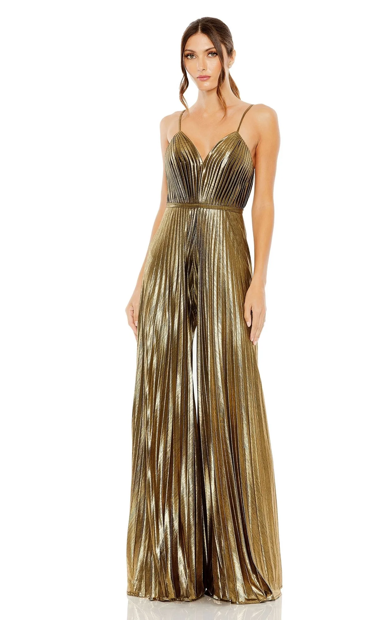 Gold Pleated Formal Jumpsuit: Mac Duggal 27143 sold by PromGirl