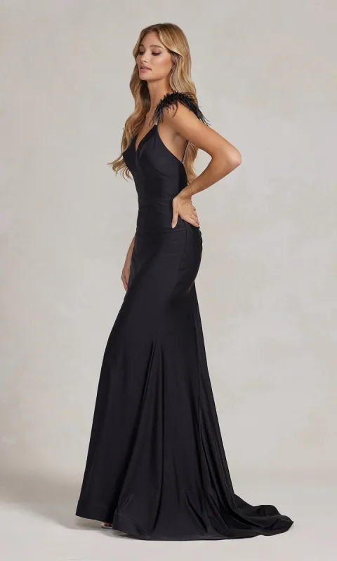 Feather-Embellished Backless Long Prom Dress sold by PromGirl