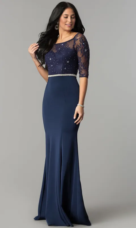 Three-Quarter-Sleeve Lace-Bodice Long Prom Dress sold by PromGirl