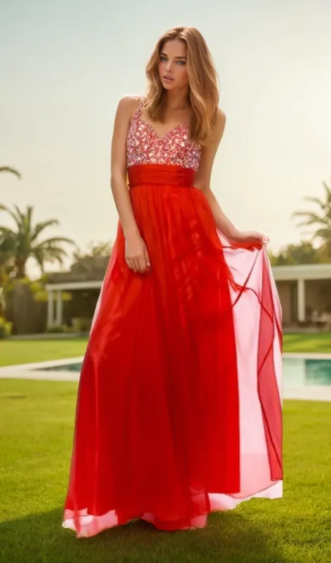 Empire-Waist Long Prom Dress: Chicas C7816 sold by PromGirl
