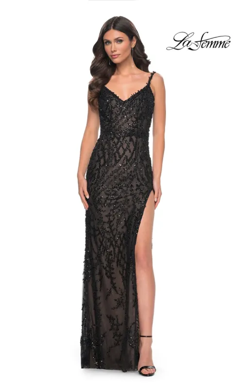 Long Black Beaded Prom Dress: La Femme 32450 sold by PromGirl