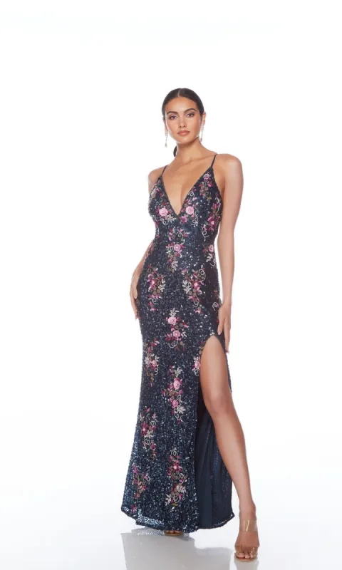 Floral-Sequin V-Neck Blue Prom Dress: Alyce 88012 sold by PromGirl