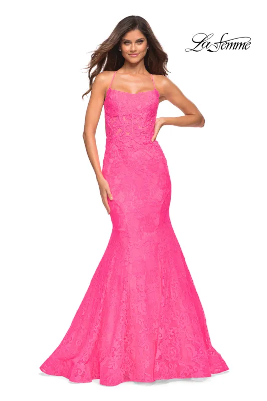 Backless La Femme Long Neon Pink Mermaid Prom Gown sold by PromGirl