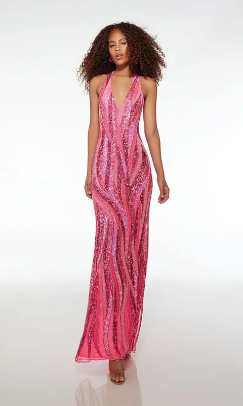 Alyce Long Pink Sequin Halter Prom Dress 61511 sold by PromGirl