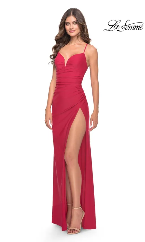 La Femme Strappy-Back Long Ruched Prom Dress 31127 sold by PromGirl