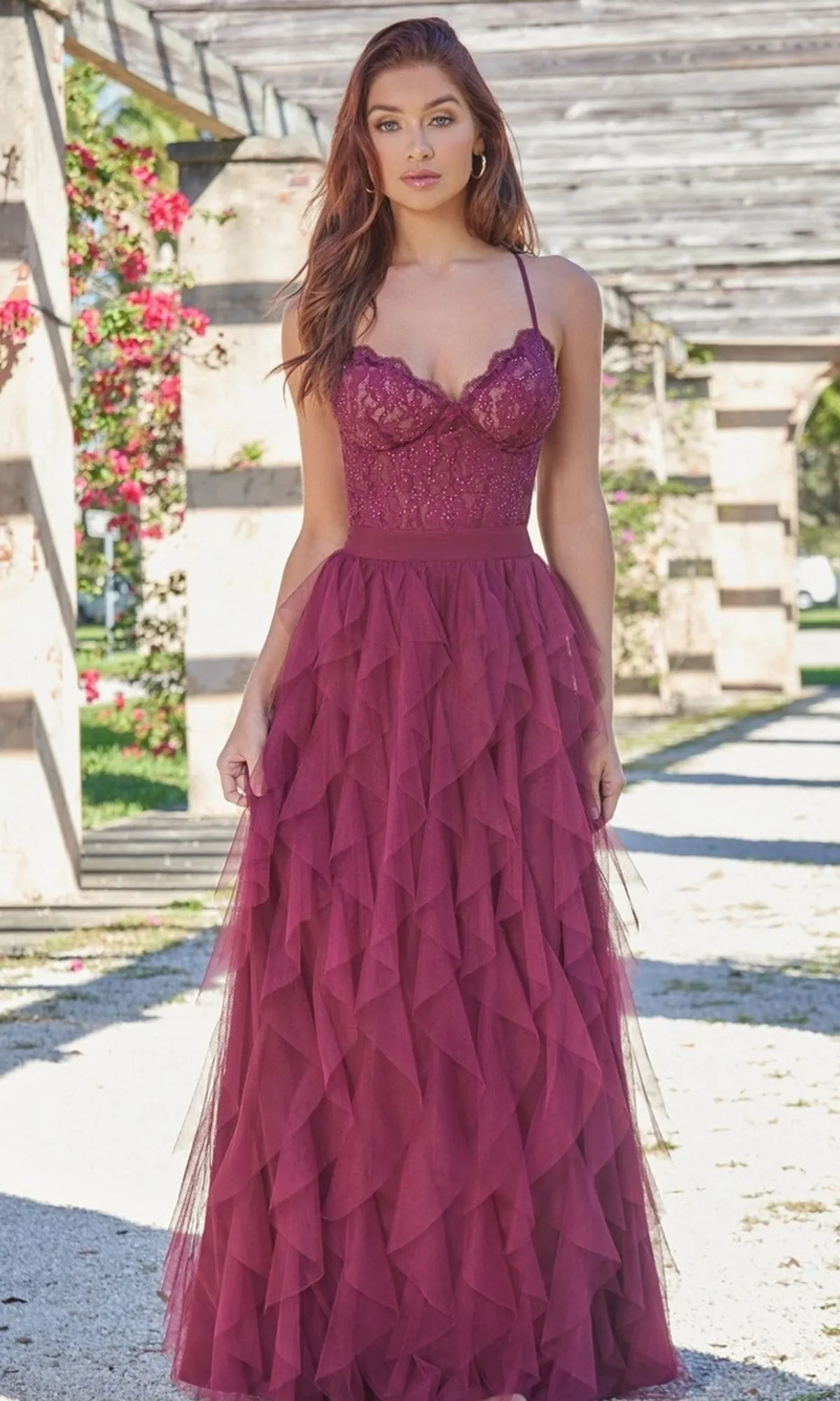 Velvi Lace-Bodice Long Ruffled Prom Dress Dahlia sold by PromGirl