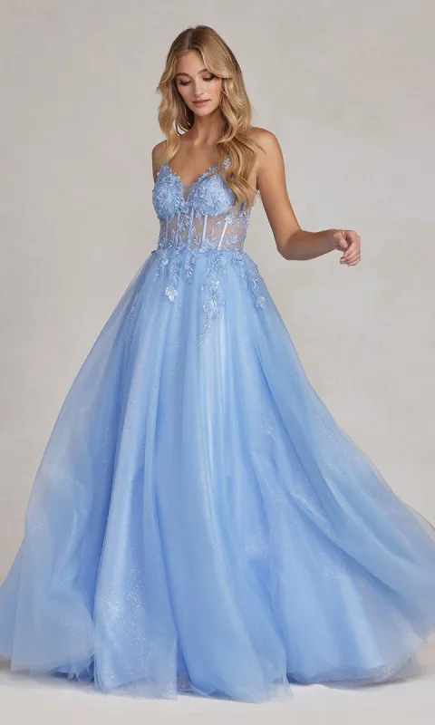 Sheer-Bodice Long Blue Prom Ball Gown sold by PromGirl