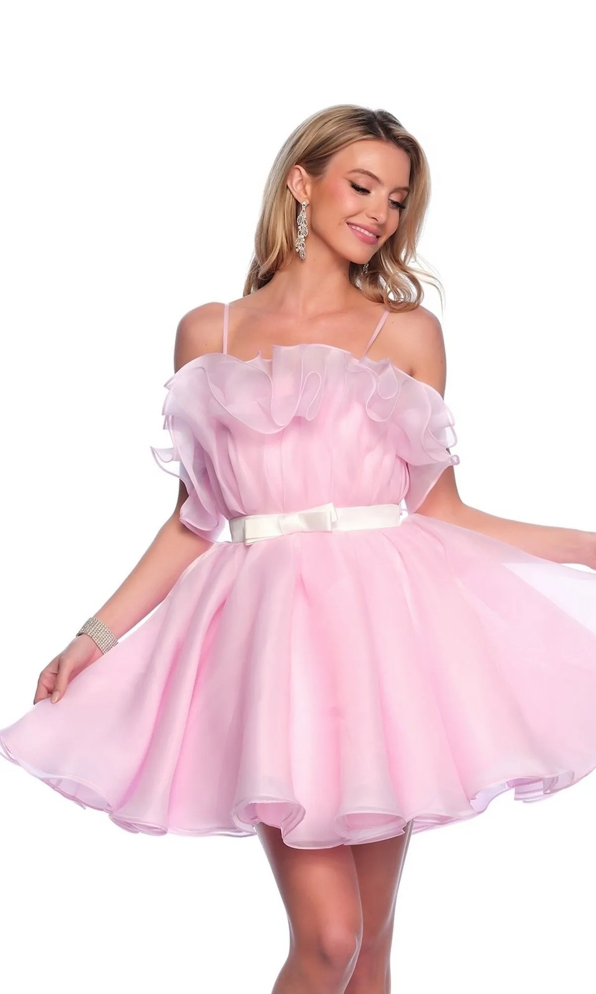 Dave and Johnny Short Pink Ruffle Hoco Dress 11730 sold by PromGirl