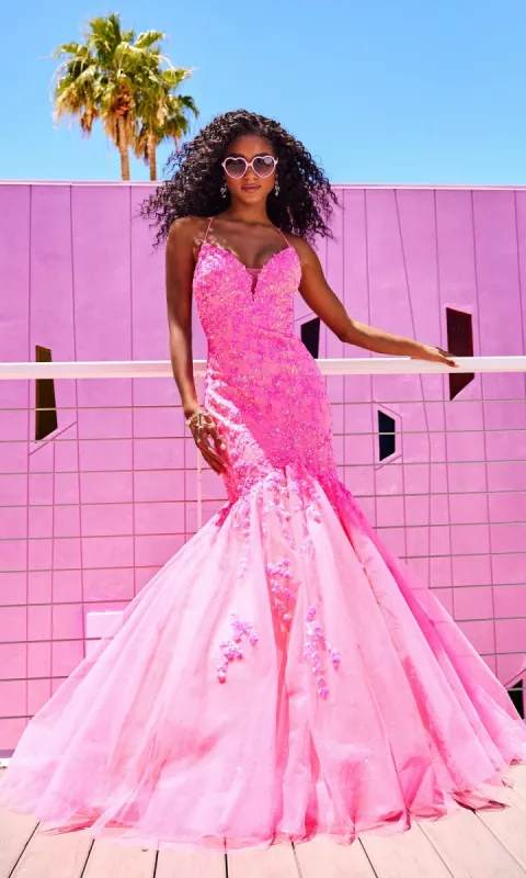 Ellie Wilde Glitter-Tulle Long Mermaid Prom Gown sold by PromGirl