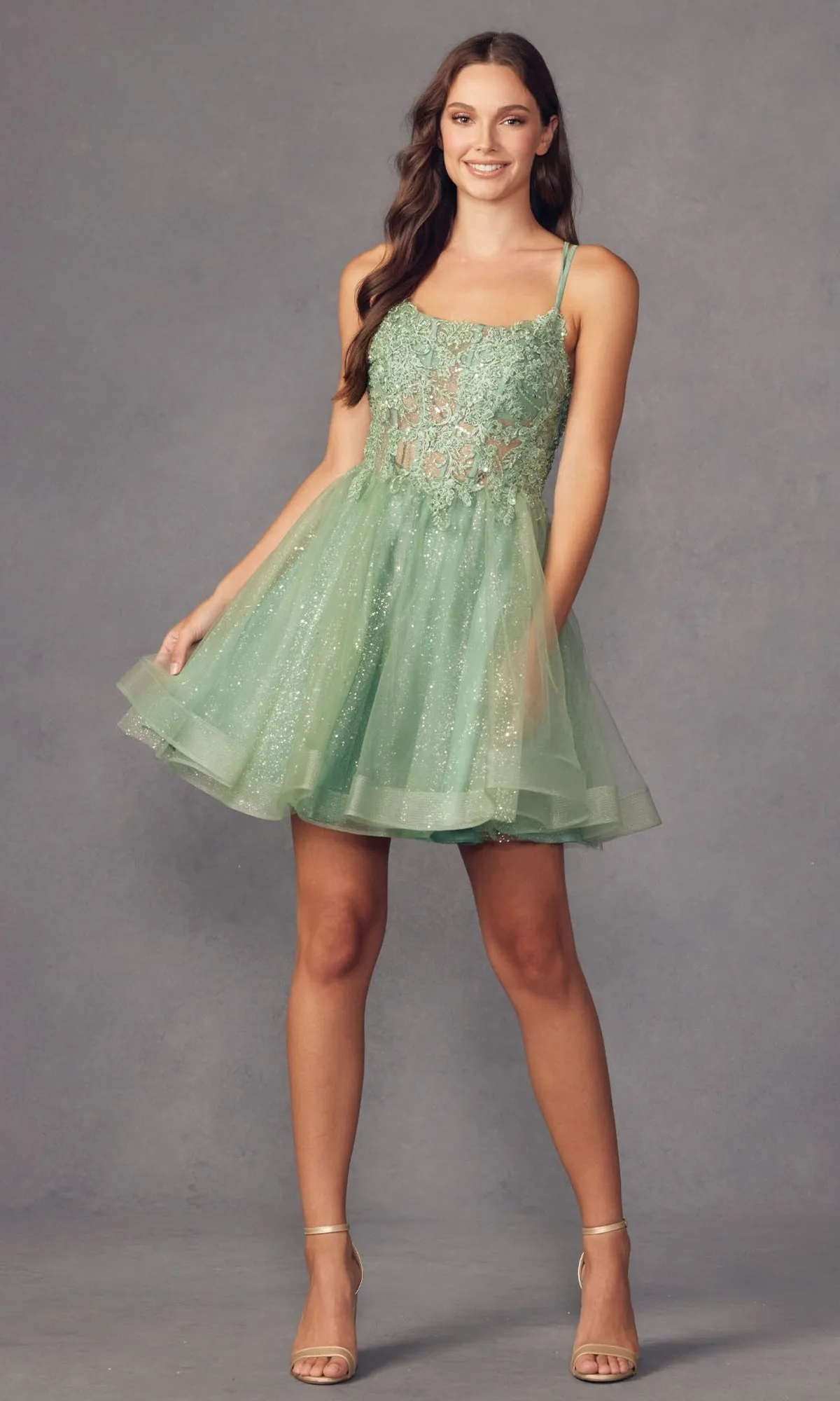 Sheer-Bodice Short A-Line Prom Dress 883 sold by PromGirl product image thumbnail 2