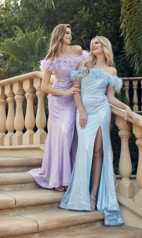 Feather-Trimmed Long Sequin Prom Dress: Juliet 292 sold by PromGirl