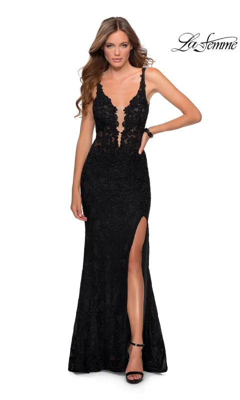 La Femme Long Lace Prom Dress with Cut-Out Back sold by PromGirl