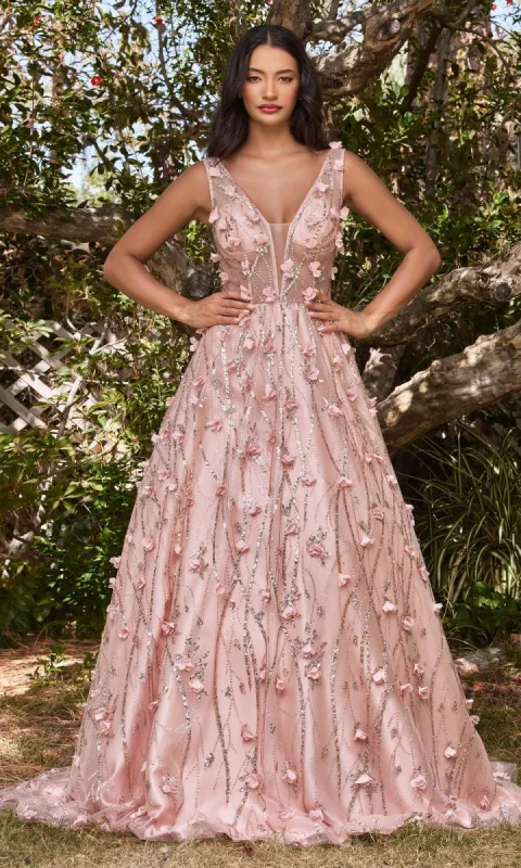 Rose Gold Long Prom Ball Gown with Flowers CB085 sold by PromGirl