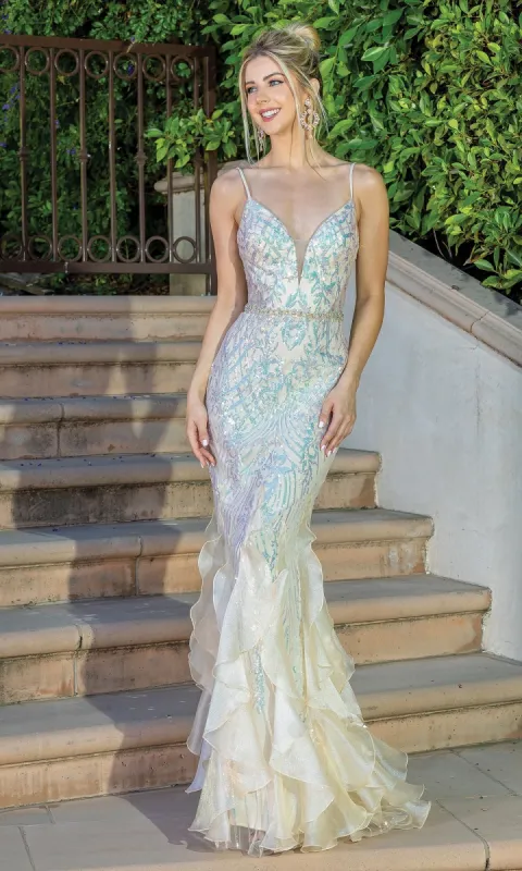Long Sequin Mermaid Prom Dress with Ruffles 4221 sold by PromGirl