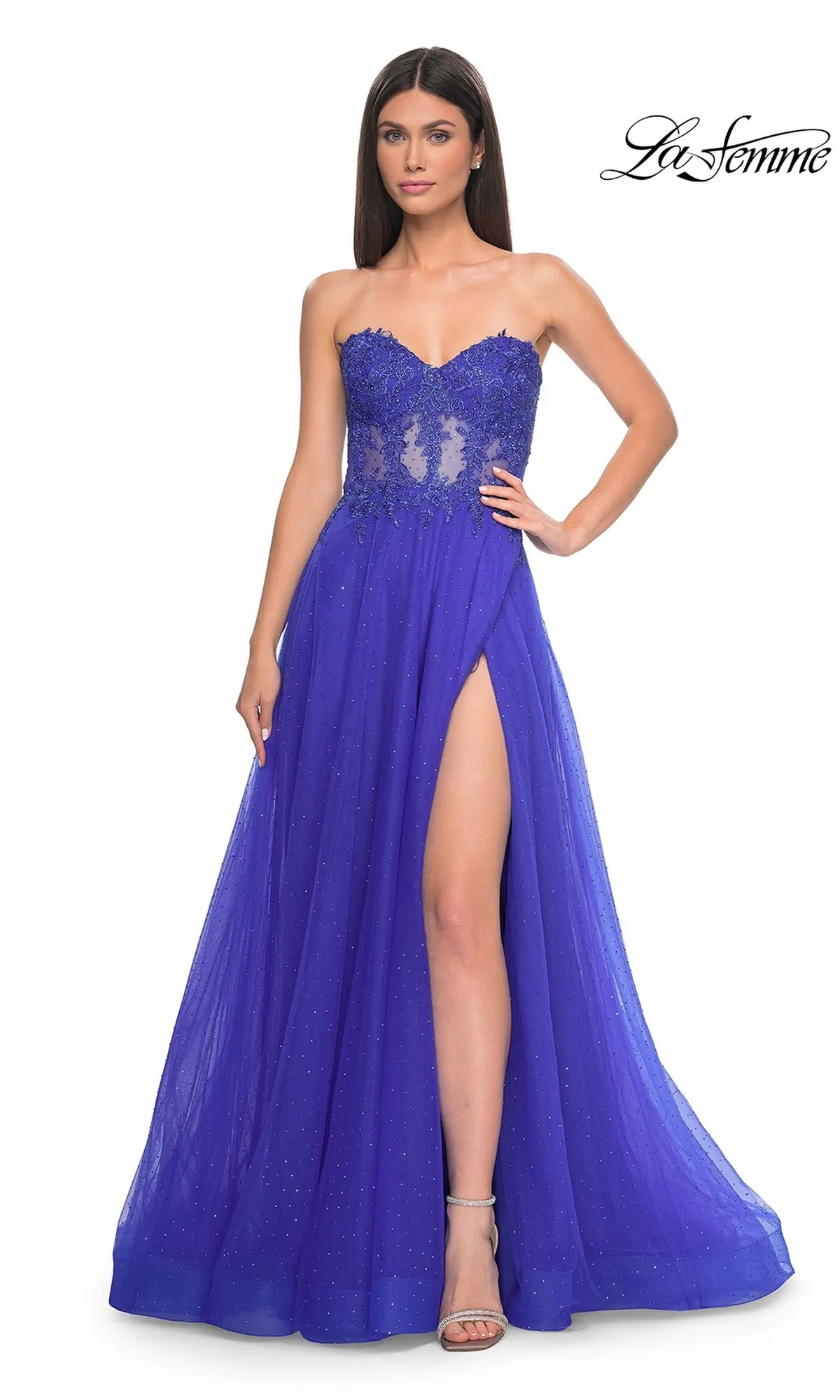 La Femme Sheer-Waist Long A-Line Prom Dress 32313 sold by PromGirl