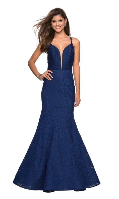 Backless Lace Mermaid Prom Dress: La Femme 27560 sold by PromGirl