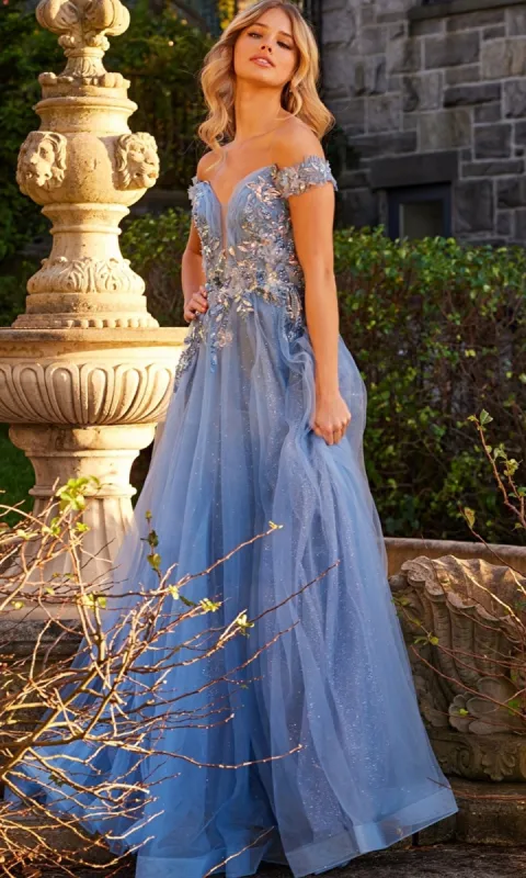 Off-Shoulder Long Glitter-Tulle Ball Gown JVN23698 sold by PromGirl