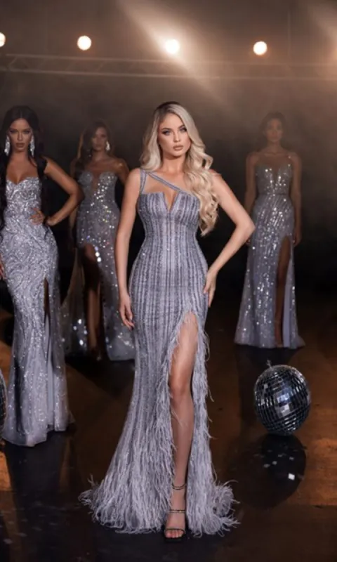 One-Shoulder Silver Pageant Dress PS23965 sold by PromGirl