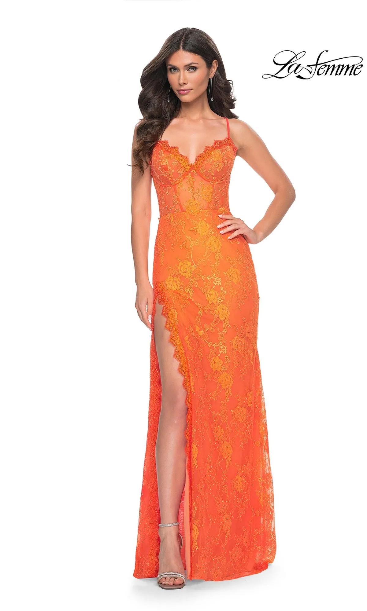 La Femme Bright Long Lace Prom Dress 32441 sold by PromGirl
